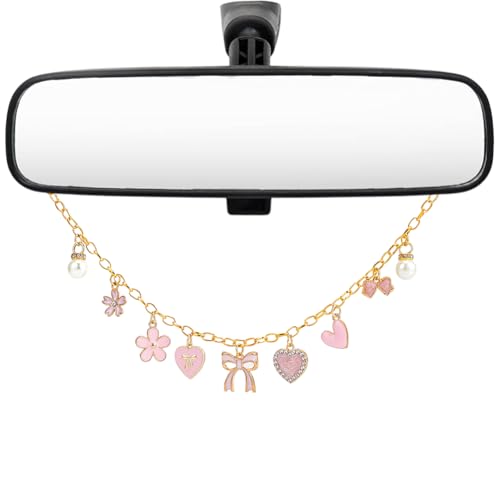 Rearview Mirror Hanging Ornament Pink Car Charm with Bow Heart Flower Pearl Aluminum Cute Feminine Aesthetic Rearview Mirror Hanging Accessories Car Decor Gift for Women - style: Heart
