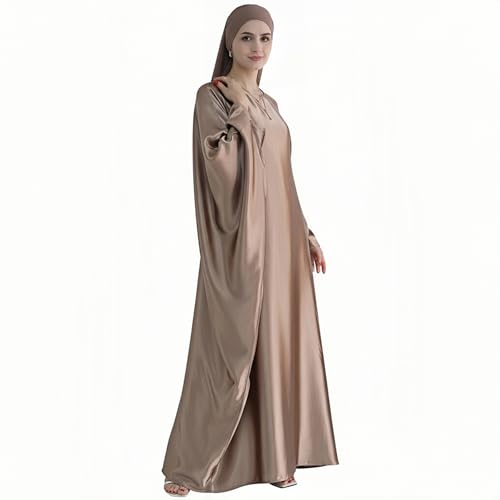 Abaya Muslim Women Dress Satin Batwing Sleeve Kaftan Maxi Arabian Dubai Islamic Ramadan Prayer Dress with Hijab Scarf - color: Brown