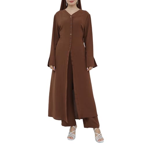Women's Muslim 2 Pieces Sets Long Sleeve Button Down Shirt and Pants Eid Ramadan Abaya Casual Dress Dubai Outfits - color: Coffee, size: Medium-Large