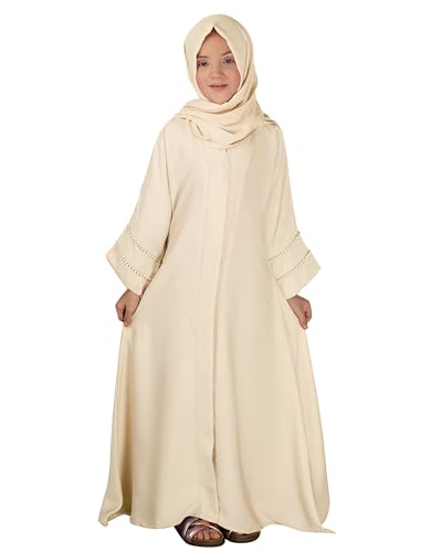 Muslim Abaya For Girls Islamic Prayer Abayas Dress with Hijab Ramadan Cardigan Kaftan Robe Dresses Dubai Outfits - color: Beige, size: 9-10 Years