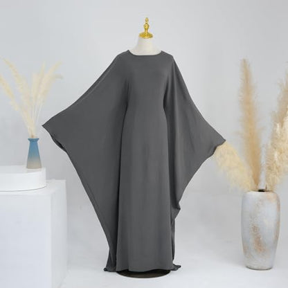 Abaya Dress for Women Soft Crepe Like Linen Khimar Butterfly Batwing Dubai Islam Muslim Kaftan Modest Prayer Dress - color: Darkgrey, size: Medium