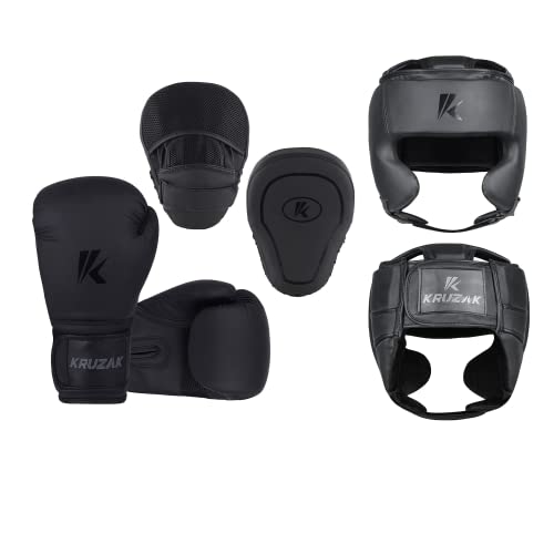 Kruzak Unisex Matte Black Boxing Gloves, Focus Mitts and Head Gear Set for Kickboxing and Muay Thai MMA Training | Fitness Kit for Martial Arts and Karate - size: L/XL - Headgear