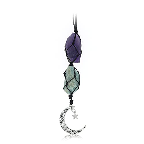 BOHO GARDEN Hanging Car Charm - Amethyst & Amazonite - Dangling Moon & Healing Crystal Accessories, Rearview Mirror Decorations - Balance, Intuition, Spirituality, Self-Love, Honesty, Clarity, Energy - color: Amethyst-amazonite