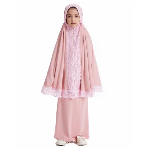 Girls Abaya Muslim Prayer Dress 2 Piece Maxi Sleeve Full Cover Lace Hijab Kaftan Tops Long Skirt Kids Soft Elastic - color: Pink, size: 3-4T