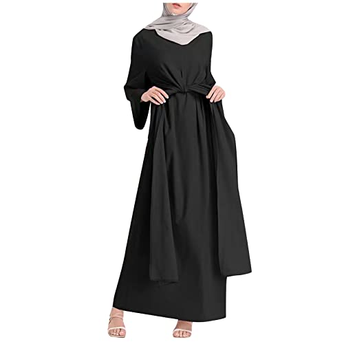 SGASY Womens Muslim Long Dress One Piece Long Sleeve Abayas Islamic Prayer Robes Summer Casual Loose Fit Kaftan with Pockets - color: 12-블랙, size: S