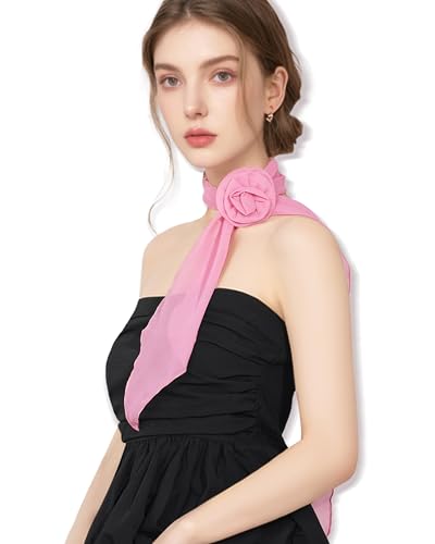 Chiffon Scarf for Women, Removable Flower Neck Scarf Light Soft Fashion Rose Scarves Versatile Headband or Hair Band - color: Pink