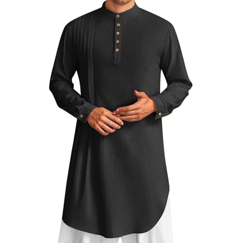 Mens Kaftan Thobe Button Down Casual Henley Shirts Long Sleeve Kurta Cotton Linen Muslim Gown Robe - color: Black, size: Small