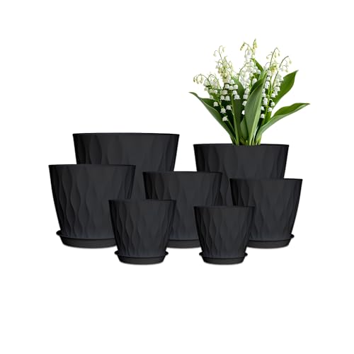 Plant Pots, Plastic Flower Pots for Indoor & Outdoor Plants, Planters with Drainage Holes and Saucer, Garden Pot for Plants (Black 7/6.5/6/5.5/5/4.5/4 inch) - color: Black 7/6.5/6/5.5/5/4.5/4 Inch