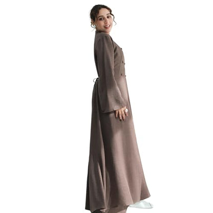 2PCS Women Muslim Abaya Dress Stand Collar Full Coverage Cardigan Dress Set - color: Mocha, size: Medium