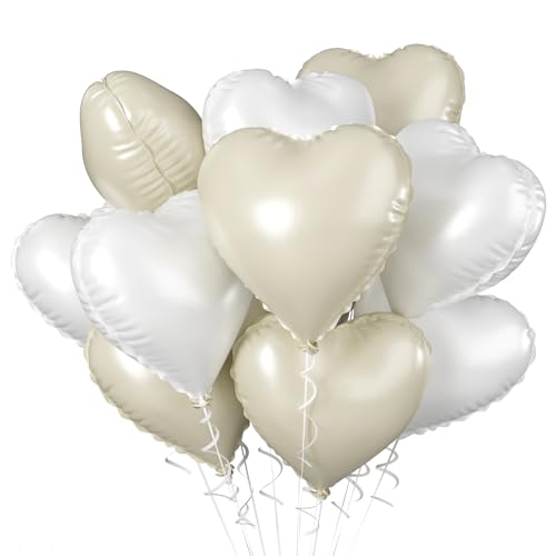 Cream White Heart Balloons, 10PCS Beige Foil for Boho Wedding Baby Shower - color: Cream White + White