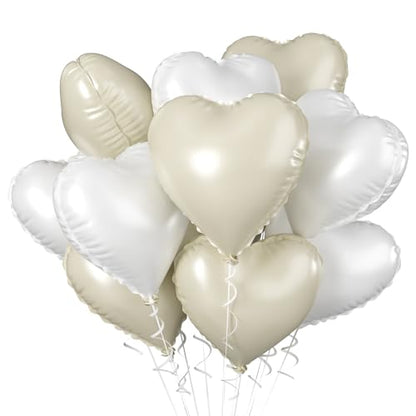 Cream White Heart Balloons, 10PCS Beige Foil for Boho Wedding Baby Shower - color: Cream White + White