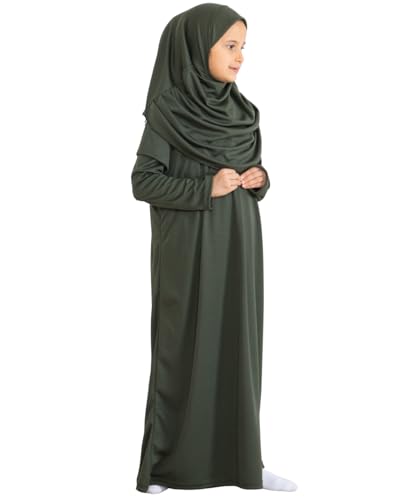 Prien Kids Prayer Dress Muslim Clothes for Girls Long Sleeve Abaya with Hijab Two Piece Maxi Islamic Set Scarf Kaftan Jilbab - color: Khaki