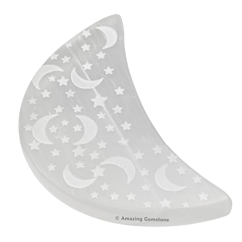 Amazing Gemstone Selenite Crystal Charging Plate for Crystals and Healing Stones, 4" Selenite Crystal Plate Engraved Star and Moon Coaster for Home, Office Table Decor (Selenite Crescent Moon) - size: 4" Inches