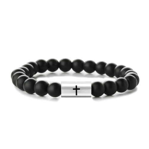 Religious Cross Symbol | Christian Ichthy | Yin Yang Tai Chi 8mm Natural Stone Bead & Cylinder Stainless Steel ID Stretch Bracelet for Men Women - style: Agate-Cross