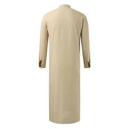 Men’s Muslim Islamic Thobe Robe Kaftan Long Sleeve Jubba Arabic Saudi Style Embroidered Formal Gown A11 - color: Khaki, size: Medium