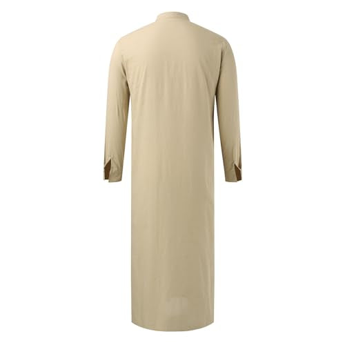 Men’s Muslim Islamic Thobe Robe Kaftan Long Sleeve Jubba Arabic Saudi Style Embroidered Formal Gown A11 - color: Khaki, size: Small