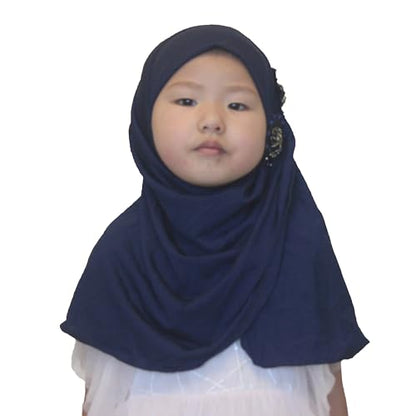 Soft Instant Hijab for Kids Girls Muslim Headscarf Islamic Scarf Shawl Wrap with Flowers - color: Navy Blue-2 Flowers