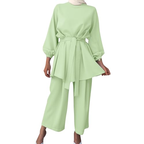 IWEMEK Abayas for Women Muslim Long Sleeve Loose Top Pants 2 Pcs Eid Ramadan Outfits Casual Islamic Muslim Clothes with Belt - color: Mint Green, size: X-Large