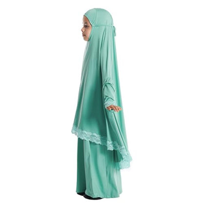 AWIBMK Girls Abaya Dubai Kaftan Prayer Dress and Full Cover Lace Hijab Kids Muslim Robe Ramadan Dresses Modest Clothing - color: Green, size: 7-8 Years