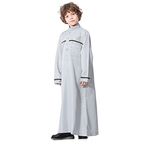 Boy's Muslim Arab Islamic Kaftan Embroidered Robe Solid Color Thobe Islamic Arabic Abaya Ethnic Dress With Pockets - color: Grey Stripe, size: 4-5T
