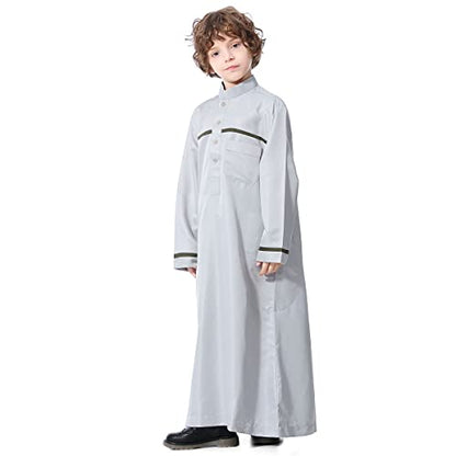 Boy's Muslim Arab Islamic Kaftan Embroidered Robe Solid Color Thobe Islamic Arabic Abaya Ethnic Dress With Pockets - color: Grey Stripe, size: 5-6 Years