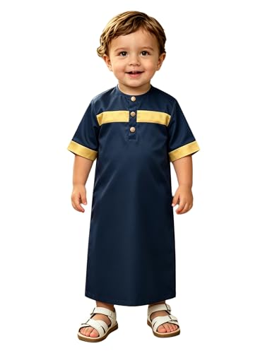 JEATHA Infant Traditional Crew Neck Button Down Middle Eastern Thobe Kaftan Outfit for Ramadan Eid Prayer Occasions - color: Navy Blue, size: 3T