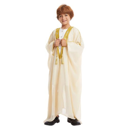 IWEMEK Kids Abaya Arabic Thobe for Boys Muslim Robes Islamic Prayer Clothes Embroidered Chiffon Kaftan Cardigan Dubai Thobe - color: Beige, size: 5-7 Years