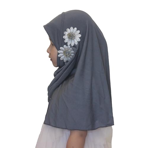Soft Instant Hijab for Kids Girls Muslim Headscarf Islamic Scarf Shawl Wrap with Flowers - color: Gray-2 Flowers