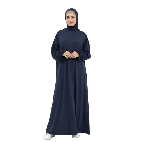 Muslim Hoodie Abaya Islamic Prayer Jilbab Maxi Robe with Inner Cap | Two-layer Cap, Prayer Abaya, Large Style - color: Dark Blue