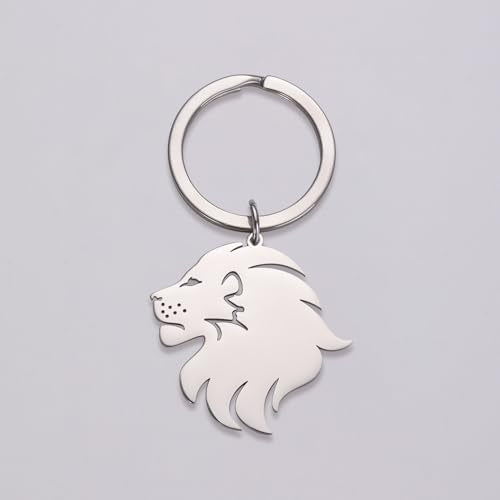 Dreamtimes Lion With King Crown Keychain for Men Stainless Steel Lion Punk Rock Keychain Bag Car Key Pendant Keychain - color: Silver-2