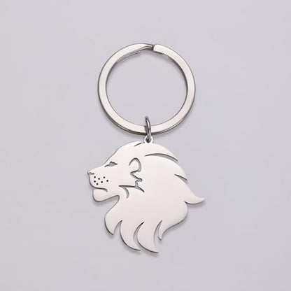 Dreamtimes Lion With King Crown Keychain for Men Stainless Steel Lion Punk Rock Keychain Bag Car Key Pendant Keychain - color: Silver-2
