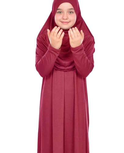 Prien Kids Prayer Dress Muslim Clothes for Girls Long Sleeve Abaya with Hijab Two Piece Maxi Islamic Set Scarf Kaftan Jilbab - color: Red