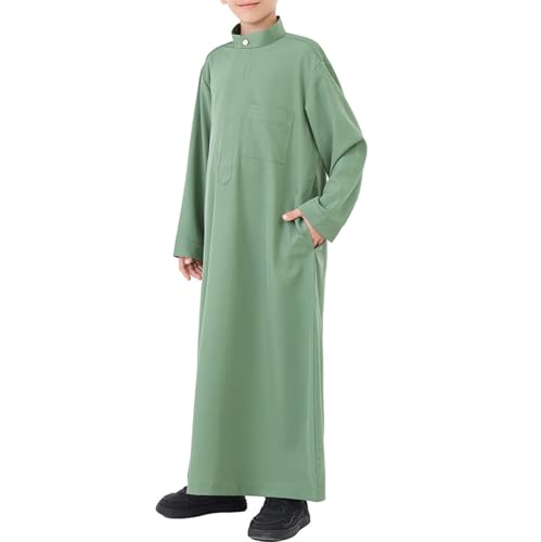 Muslim Thobe for Boys Long Sleeve Islamic Arabic Kaftan Dubai Button Robe Middle East Prayer Dress Kids Ramadan Eid Outift - color: Green, size: 13-14 Years