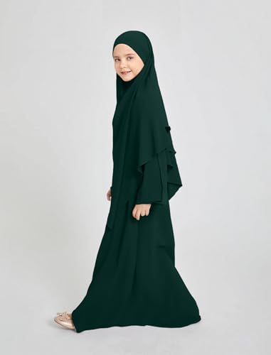 ODIZLI Kids Girls Ramadan Abaya Muslim Long Sleeve Hijab Chiffon Dress Dubai Kaftan with Pockets - color: Dark Green, size: 7-8 Years