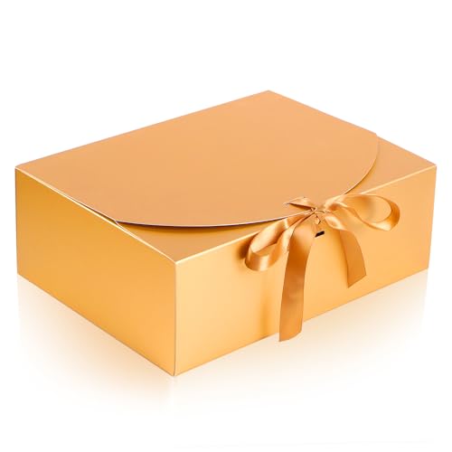 NEWSNOW 12 PCS Gift Boxes with Lids, 10x7.5x3.5 Inch Paper Gift Box, with Ribbon, Bridesmaid Proposal Box for Wedding, BirthdayPackaging, Present (Gold) - color: Gold