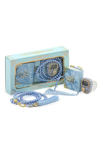 ihvan online Mini Velvet Quran Set with Islamic Finger Counter, Portable Digital Tasbeeh, Muslim Prayer Beads, Pearl Zikirmatic Beads, 3 Pieces Gift Set for Mevlüt (Blue) - color: Blue