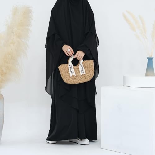 SYANKANGXIAO Ramadan Eid Khimar Abaya Turkey Islam Muslim Chiffon 2 Layers Long Hijab Dress Prayer for Women Full Cover Robe - color: Black