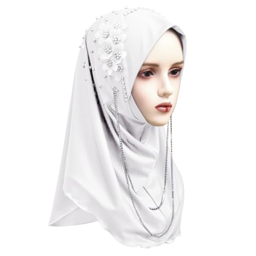 Women Soft One Piece Hijab Long Muslim Turban Islamic Full Head Scarf - color: Chains/White