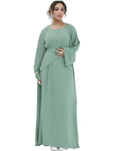 Abaya Muslim Prayer Dress Set Ramadan Open Front Islamic Clothing 3pcs Prayer Robe with Waist Apron Loose Flowy - color: Light Green, size: Small