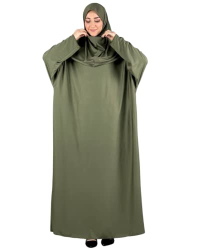 Women Prayer Clothes with Hijab Muslim Outfits Long Robe Abaya Turkish Islamic Dresses Dubai Kaftan with Rosary - color: Khaki