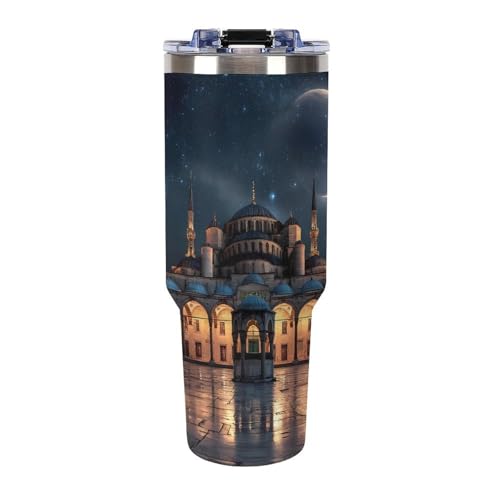 Blue Mosque Islamic Muslim Insulated Tumbler Stainless Steel Travel Coffee Mug with Lid And Straw 40oz - color: white-style