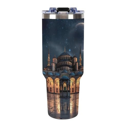 Blue Mosque Islamic Muslim Insulated Tumbler Stainless Steel Travel Coffee Mug with Lid And Straw 40oz - color: white-style