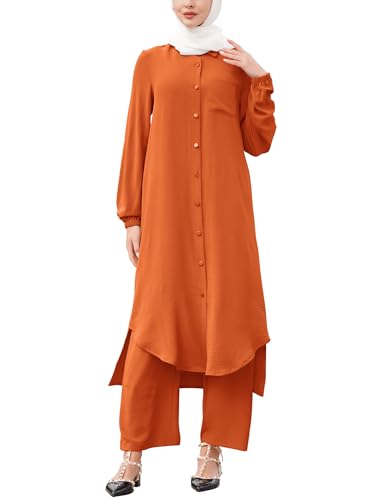 ODIZLI Women's Muslim 2 Pieces Sets Long Sleeve Button Down Shirt and Pants Abaya Casual Dress Dubai Outfits - color: Orange, size: 4X-Large