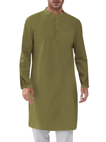 Runcati Mens Kaftan Thobe Button Down Henley Shirts Robe Long Sleeve Casual Cotton Linen Muslim Gown Shirt - color: Army Green, size: XX-Large