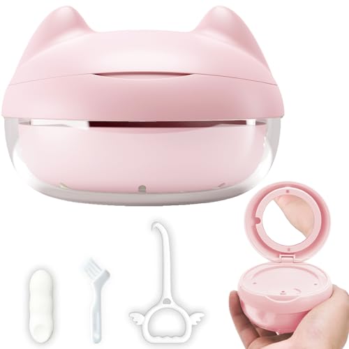 Retainer Case Denture Bath Case Basket Mirror Leak-proof Pink Cat | 2-in-1 design Strainer Basket No-Leak Cleaning Case for Mouth Guard Cute Removal Tool,Aligner chewies,Bursh - color: Pink Cat