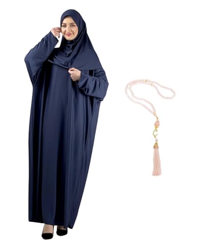Women Prayer Clothes with Hijab Muslim Outfits Long Robe Abaya Turkish Islamic Dresses Dubai Kaftan with Rosary - color: Navy Blue