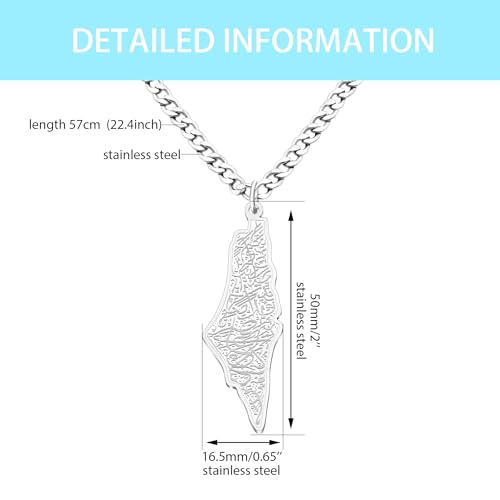 Uloveido Palestine Map Necklace – Arabic Engraved Stainless Steel Pendant, Islamic Middle Eastern Cultural Jewelry for Men and Women - color: Silver