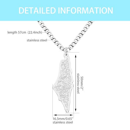 Uloveido Palestine Map Necklace – Arabic Engraved Stainless Steel Pendant, Islamic Middle Eastern Cultural Jewelry for Men and Women - color: Silver