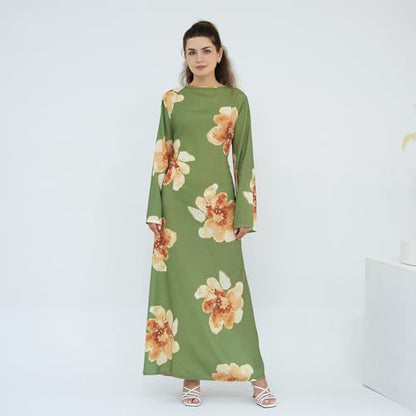 FYMNSI Womens Muslim Dresses Bell Sleeve Floral Butterfly Abaya Modest Dubai Kaftan Islamic Dress Eid Ramadan Prayer Clothes - color: Green, size: Medium