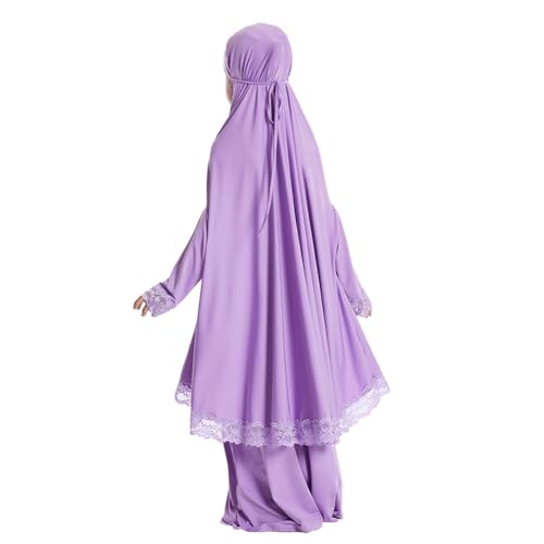Kids Girls Abaya Muslim Full Cover Lace Hijab Dress Kaftan Dubai Islamic Prayer Dress, 2pcs Set - color: Purple, size: 7-8 Years